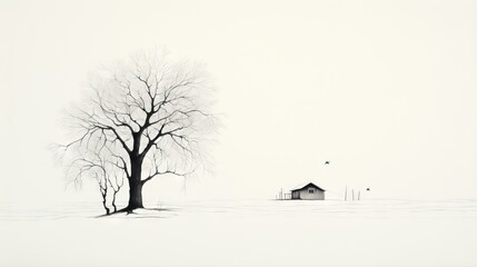  a drawing of a tree and a house in the snow.  generative ai