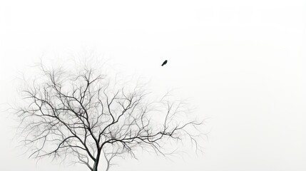  a lone tree with a bird flying in the sky behind it.  generative ai