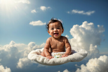 Cute Newborn Smliing at Clouds Sky