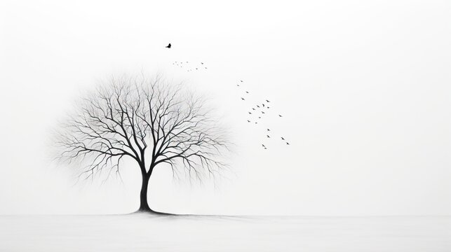  a black and white photo of a tree with birds flying around it.  generative ai