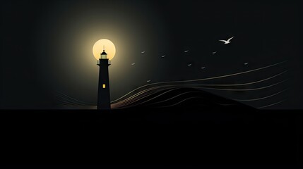  a lighthouse with a bird flying in the sky at night.  generative ai