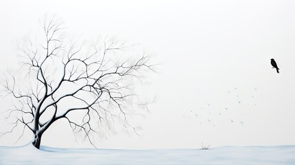  a tree with no leaves and a bird flying in the sky.  generative ai