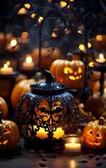Halloween background with pumpkins, lanterns, candles and bats.