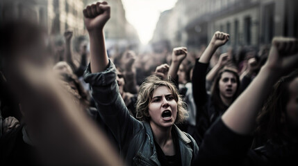 Crowd of protesting people with raised up hands, fighting for theirs rights.  - obrazy, fototapety, plakaty