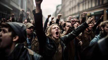 Crowd of protesting people with raised up hands, fighting for theirs rights.  - obrazy, fototapety, plakaty