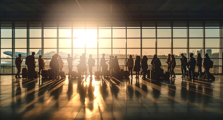 Group of people awaiting boarding in airport and looking outside at air field and sunset. Travel, romantic, holidays transportation concept  - obrazy, fototapety, plakaty