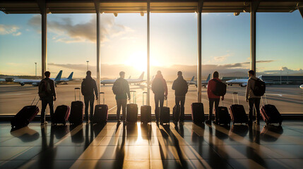Group of people awaiting boarding in airport and looking outside at air field and sunset. Travel, romantic, holidays transportation concept