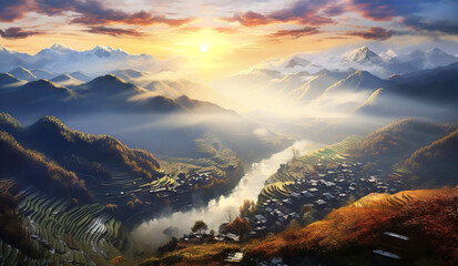 China, beautiful landscape at sunset with mountains, river and traditional houses