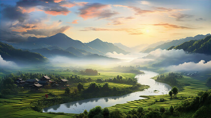 China, beautiful landscape at sunset with mountains, lake and traditional houses - obrazy, fototapety, plakaty