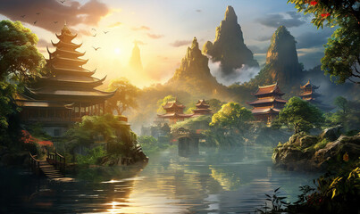 China, beautiful landscape at sunset with mountains, lake and traditional houses - Powered by Adobe