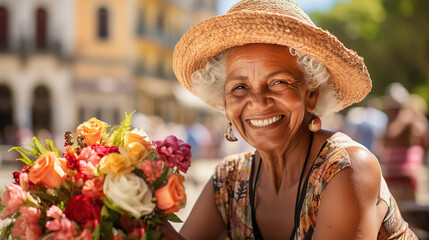 Cuban old lady selling flowers at town square. 
