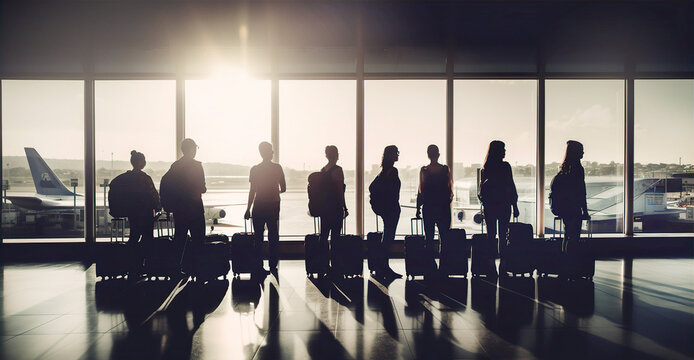 Group of people awaiting boarding in airport and looking outside at air field and sunset. Travel, romantic, holidays transportation concept 