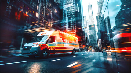 Ambulance car on city road, motion blur image with focus on automobile  - obrazy, fototapety, plakaty