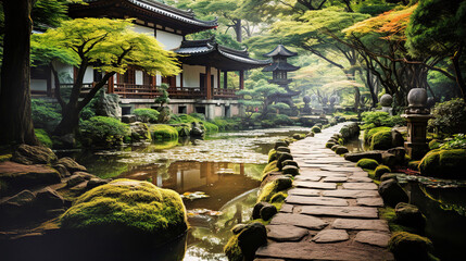 Beautiful Japanese garden with bonsai trees and stones,  landscape at sunset and traditional houses