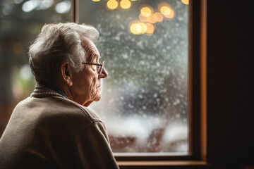A lonely elderly person looking out of a window, symbolizing the isolation and mental health challenges often faced by seniors. Concept of social isolation. Generative Ai. - obrazy, fototapety, plakaty