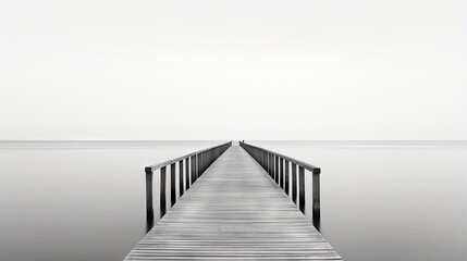  a long pier extending into the water with a white sky in the background.  generative ai