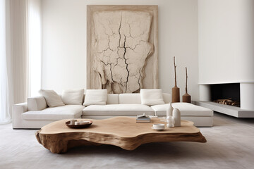 large wooden coffee table in modern white living room
