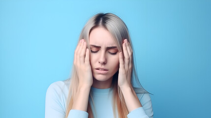 Fototapeta premium A girl is holding her head with severe migraine pain at blue background 