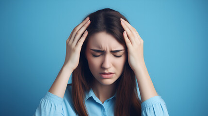 A girl is holding her head with severe migraine pain at blue background 