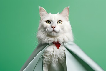 turkish angora cat wearing a superhero cape against a pastel green background