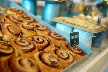 The famous Swedish cinnamon rolls (Kanelbulle) in a bakery in Stockholm. 
