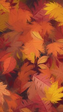 Vertical video - autumnal textured background animation with gently rustling golden red Autumn leaves in the style of a painting. Seasonal Fall leaves motion background.