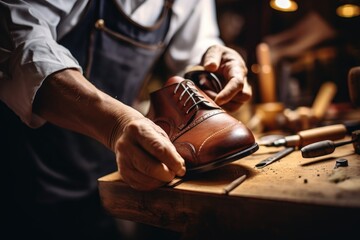 Shoemaker craftsman repairing footwear. Concept of artisan and ancient trades. Generated AI