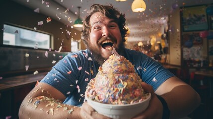 Young plus size man, happy and smiling, with a funny expression, in an ice cream parlor, with a large glass of ice cream. - obrazy, fototapety, plakaty