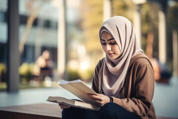 Young Muslim student woman reading a book on the university campus. Generative AI - obrazy, fototapety, plakaty