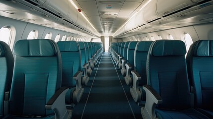 Interior of an empty airplane. Airplane travel concept