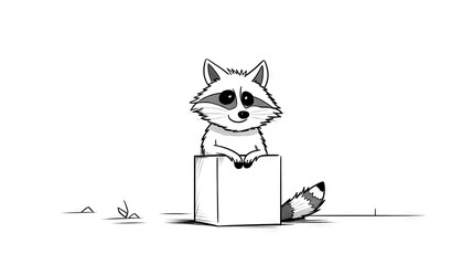 Fototapeta premium a drawing of a raccoon sitting on top of a box. generative ai