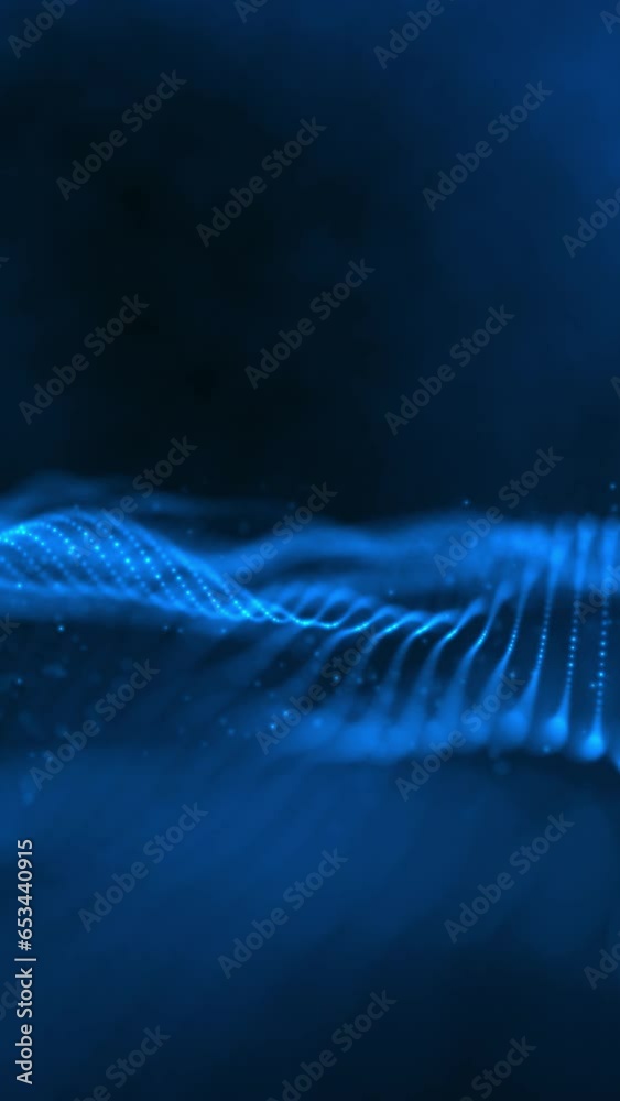 Wall mural vertical video - background with an elegant blue digital fractal wave and data particles rippling to