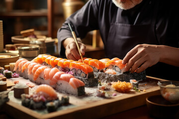 A sushi chef meticulously crafting sushi rolls, exemplifying the precision and artistry of Japanese cuisine. Generative Ai.