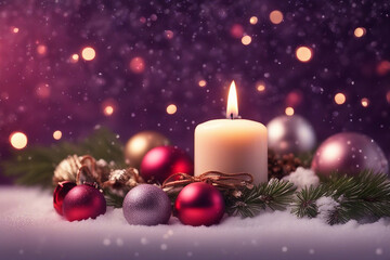 christmas candle, christmas balls, candy canes and pine branches with snowfall