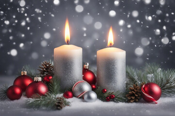 christmas candle, christmas balls, candy canes and pine branches with snowfall