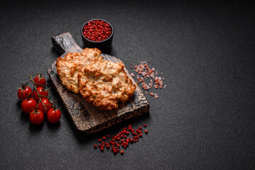 Delicious fried chicken chop or pork meat fried breaded with salt, spices and herbs