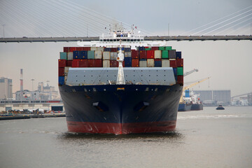 Large container cargo ship leaving port of Savannah. 