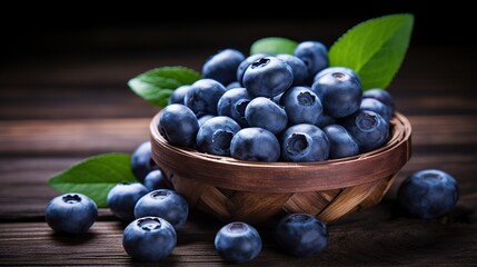  a wooden bowl filled with blueberries with green leaves on top.  generative ai