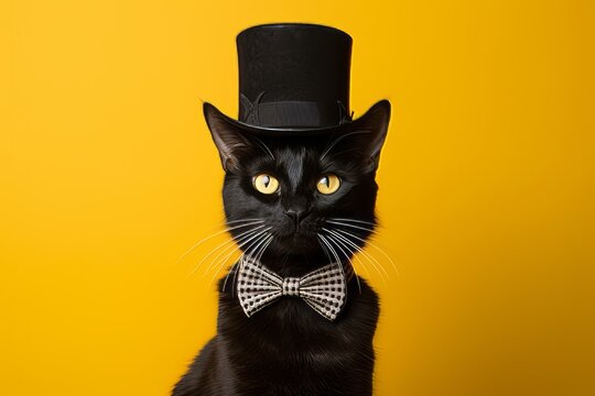serengeti cat wearing a top hat against a yellow background