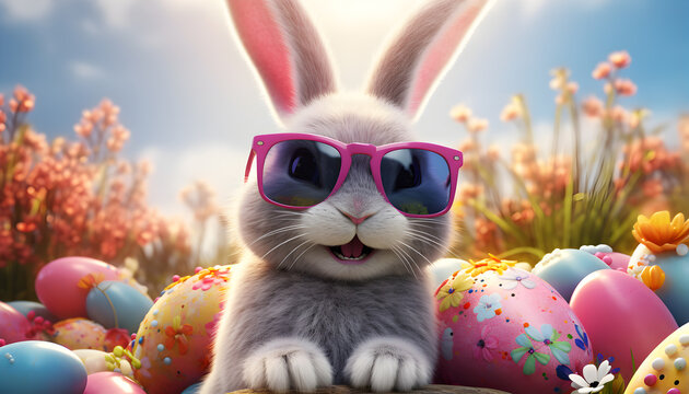 Cool grey Easter bunny wearing sunglasses around eggs