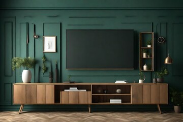 Living room with cabinet for tv on dark green color wall background.