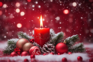 christmas candle, christmas balls, candy canes and pine branches with snowfall