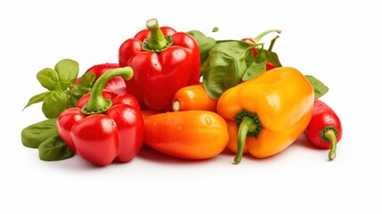 Bell Peppers, Cherry Tomatoes, and Basil on Seamless White Background