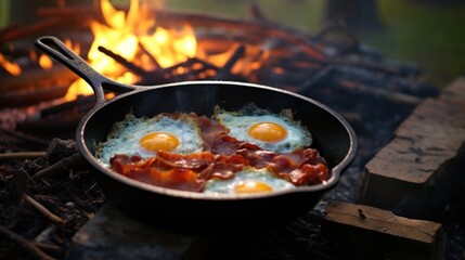 Rustic Camping Breakfast: Bacon and Eggs in Cast Iron Skillet