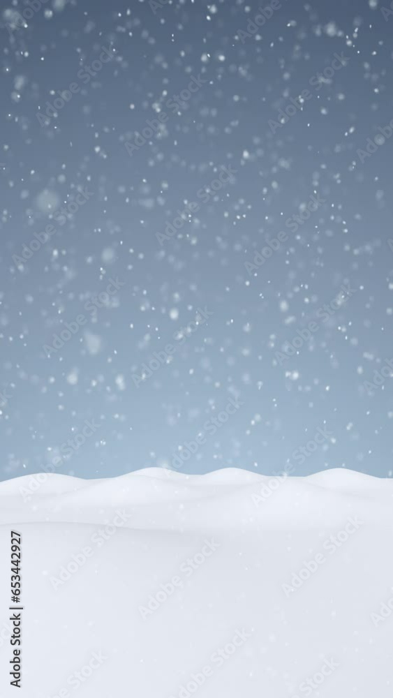 Wall mural  Beautiful winter snow landscape with loop realistic snowfall vertical background.