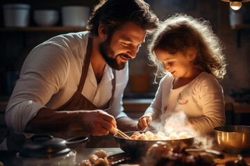 A father and daughter cooking together, breaking gender stereotypes. Generative Ai. - obrazy, fototapety, plakaty