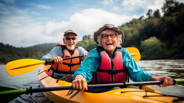 An elderly couple finds joy and happiness in kayaking together.