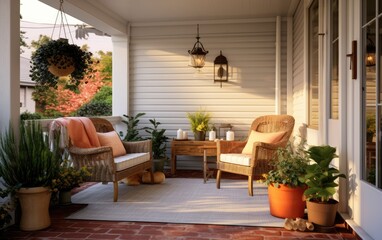 A charming front porch adorned with potted plants, comfortable seating, and a welcoming entryway, creating an inviting and cozy space for relaxation and socializing. Generative AI
