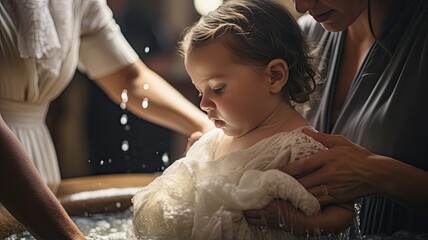 the serene face of an infant during the sacrament of baptism, with the priest's hand gently pouring water over the child's head.