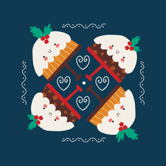 Christmas vector print with cartoon pie and ornament.  Great for wallpaper, backgrounds, packaging, fabric, scrapbook